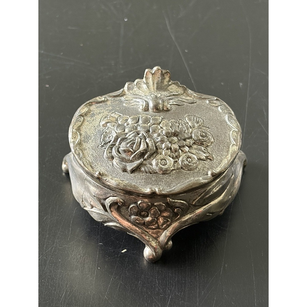 Vintage Japanese Silverplate Trinket Box Ring Holder Ornate Floral 3" Import